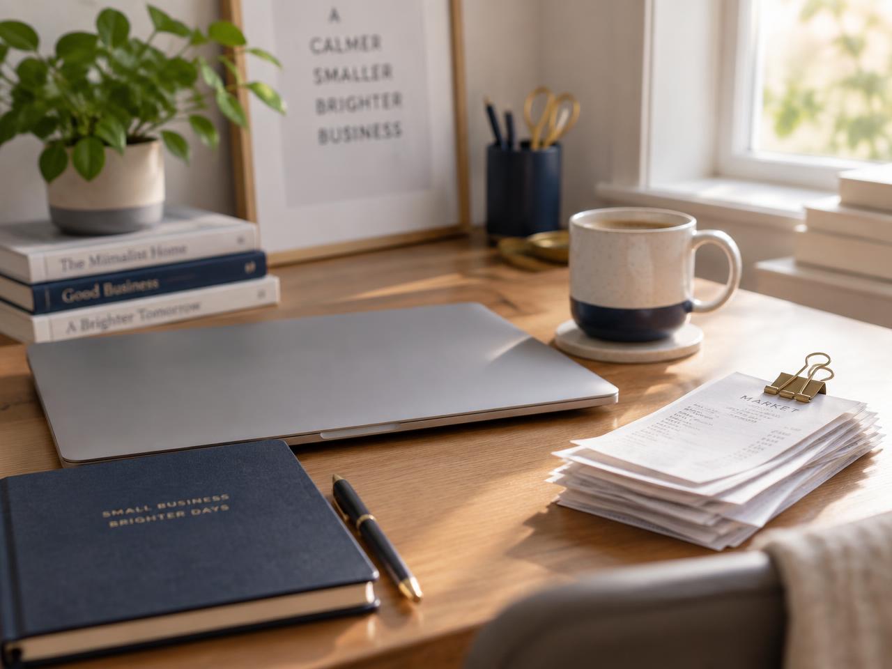 A tidy small business desk with receipts, a notebook and a cup of coffee